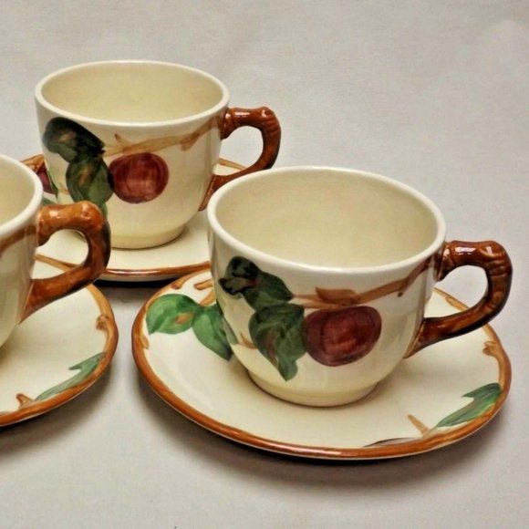 Franciscan Set of 3 Hand Painted Apple Flat Cups & Saucers Made in the USA - Picture 3 of 14